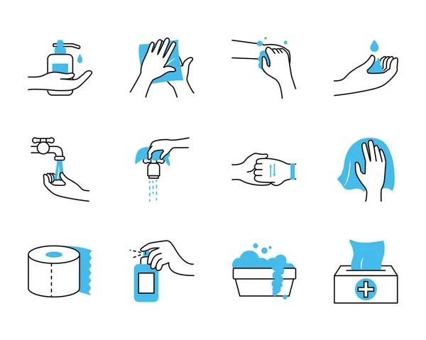 Toaletní papír a sada ikon hygieny rukou, polobarevný půlřádkový styl — Stockový vektor