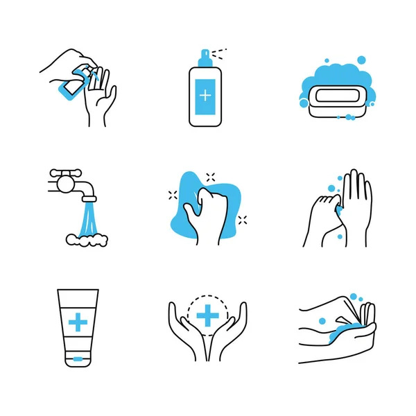 Vattenkran och handhygien ikon set, halv färg halv linje stil — Stock vektor