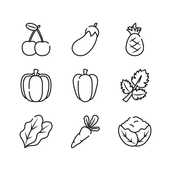 Marchew, warzywa i owoce zestaw ikon, styl linii — Wektor stockowy