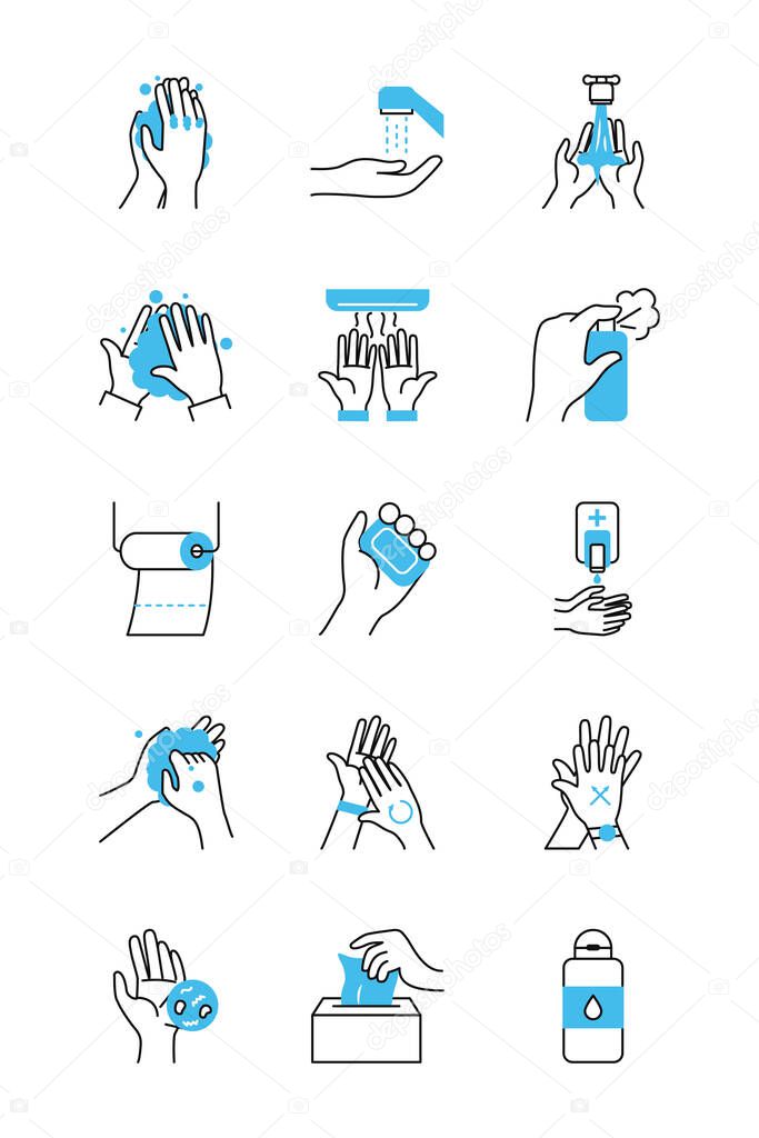 hands and hand hygiene icon set, half color half line style