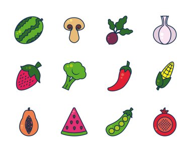 Karpuz, meyve ve sebze ikonu seti, çizgi ve dolgu stili