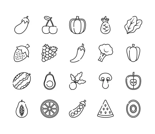 Ensemble d'icônes aubergines, fruits et légumes, style ligne — Image vectorielle