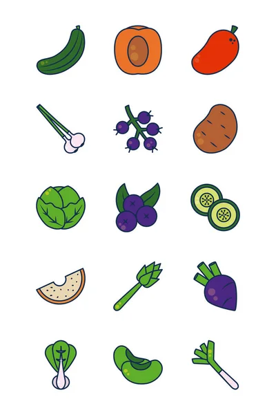 Pepino, verduras y frutas icono conjunto, línea y estilo de relleno — Vector de stock