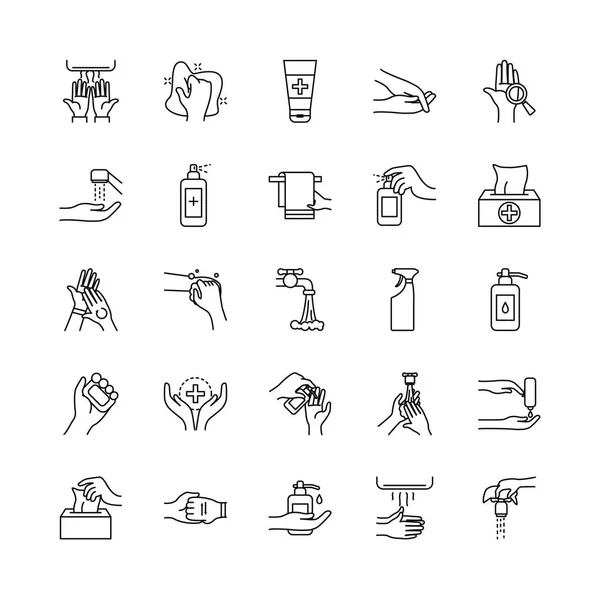 Higiene de las manos y limpieza icono conjunto, estilo de línea — Archivo Imágenes Vectoriales