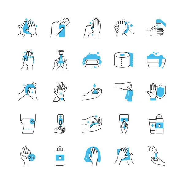 Temizleme elleri ve hijyen ikonu seti, yarı renk yarı çizgi biçimi — Stok Vektör