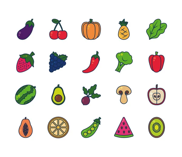 Auberginen, Obst und Gemüse Symbolset, Linie und Füllstil — Stockvektor