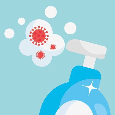 covid 19 virüs sembolü ve temizlik ürünü şişesi, renkli tasarım