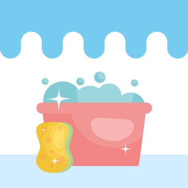 Sünger ve kovayı sabunlu suyla temizlemek, renkli tasarım.