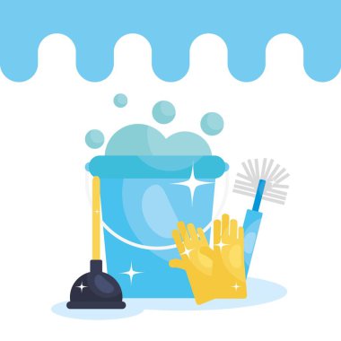 sabunlu su ile temizlik elementleri ve kova, renkli tasarım