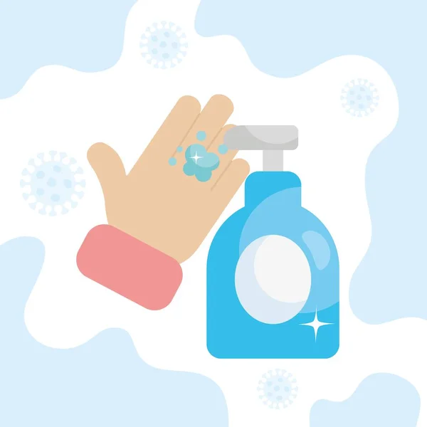 Hand met antibacteriële gel fles pictogram, kleurrijk ontwerp — Stockvector