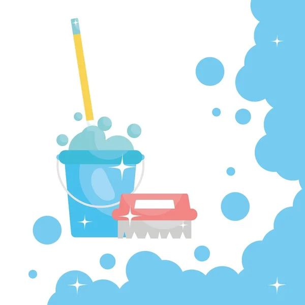 Cepillo de limpieza y fregona en un cubo con agua jabonosa, diseño colorido — Vector de stock