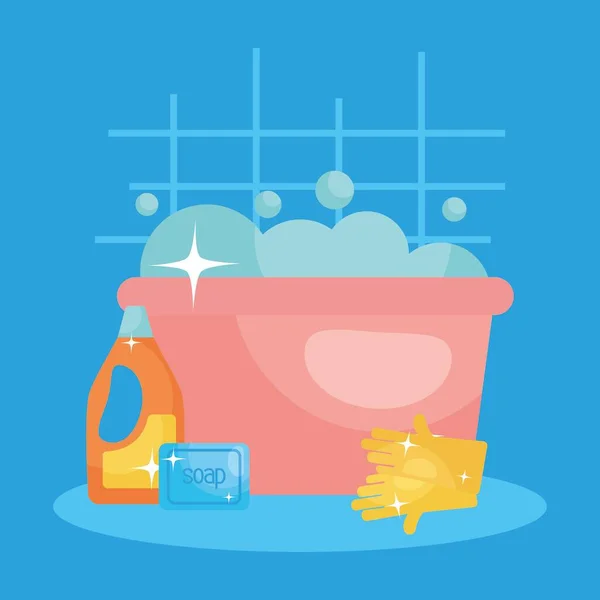 Elementos de limpieza y cubo con agua jabonosa, diseño colorido — Vector de stock