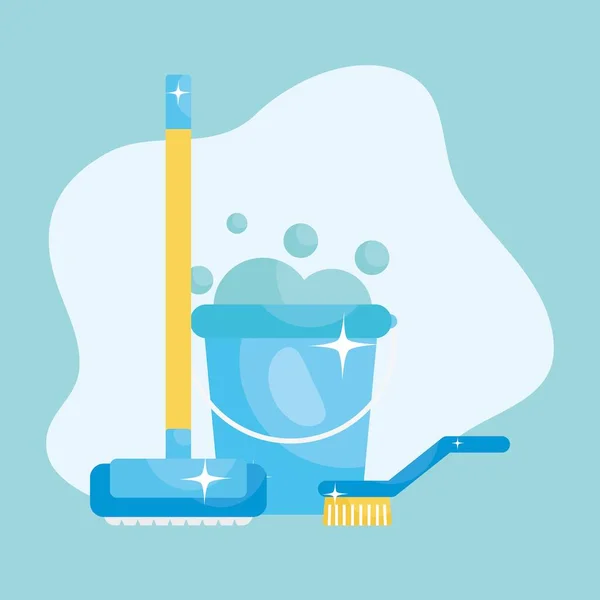 Hink med tvål vatten och rengöringsborste och kvast över blå bakgrund, färgglad design — Stock vektor