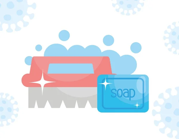 Cleaning brush and soap bar, colorful design — Stock Vector