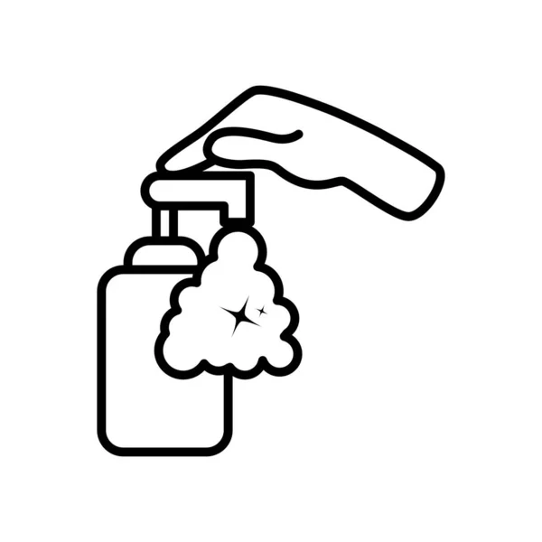 Hand pushing a hand soap bottle dispenser icon, line style — Stock Vector