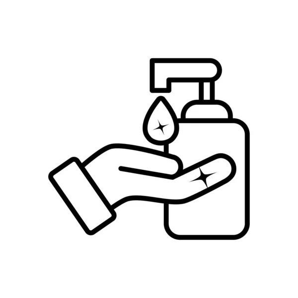Zeepfles en hand met zeep druppel, lijn stijl — Stockvector