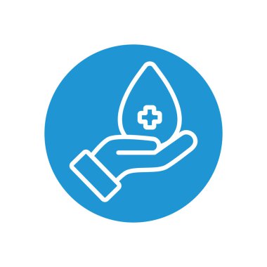 Tıbbi haçla bir kan damlasını tutan el, çizgi blok tarzı.