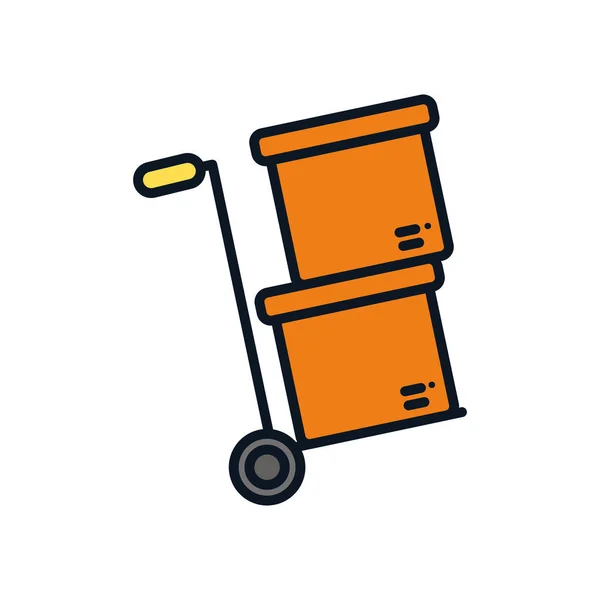Chariot à main avec icône de boîtes, style ligne de couleur — Image vectorielle