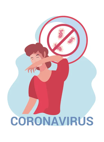 Homem espirros e bactéria coronavírus dentro do desenho do vetor símbolo proibido — Vetor de Stock