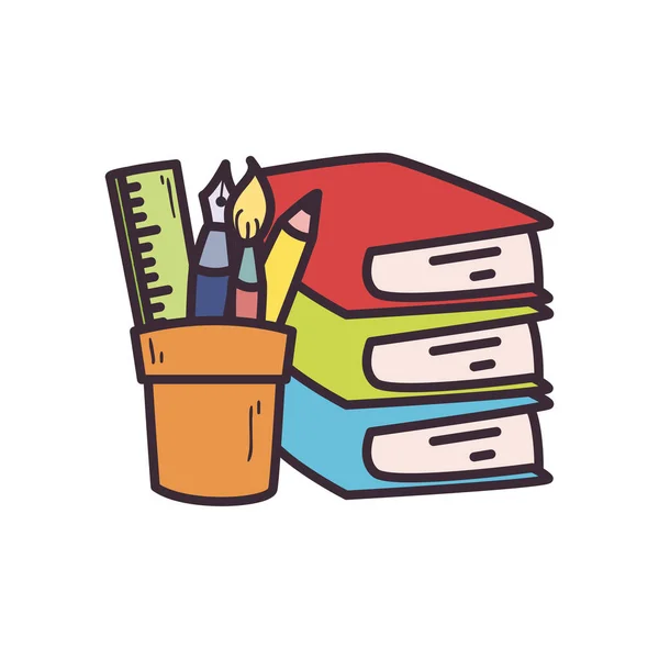 Σχολικά βιβλία μολύβι πινέλο χρώμα στυλό και χάρακα μέσα κούπα συμπληρώστε στυλ εικονίδιο διάνυσμα σχεδιασμό — Διανυσματικό Αρχείο