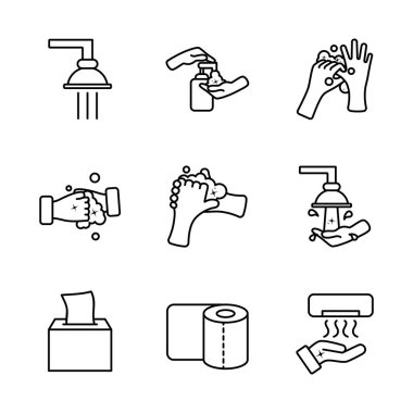 Musluklar ve el hijyen ikonu seti, satır biçimi