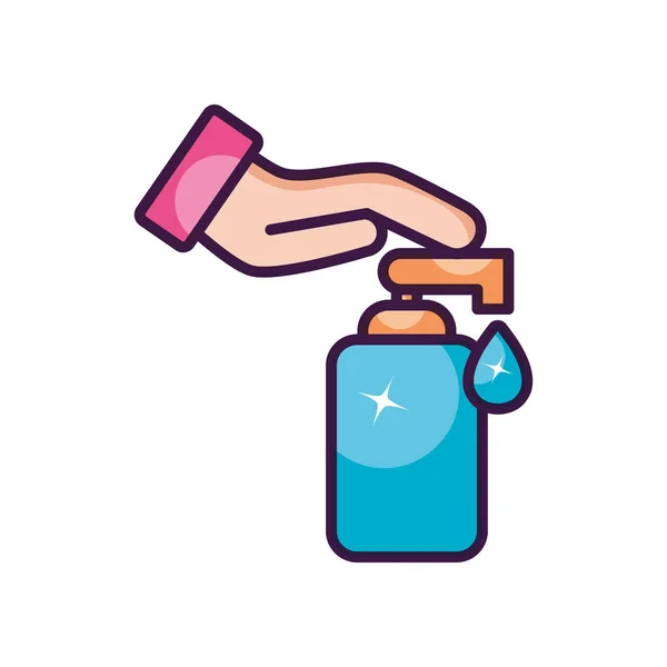 Hand med tvålpump flaska ikon, linje färg stil — Stock vektor