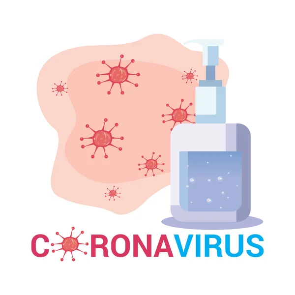 Botol sabun topeng dan desain vektor bakteri coronavirus - Stok Vektor