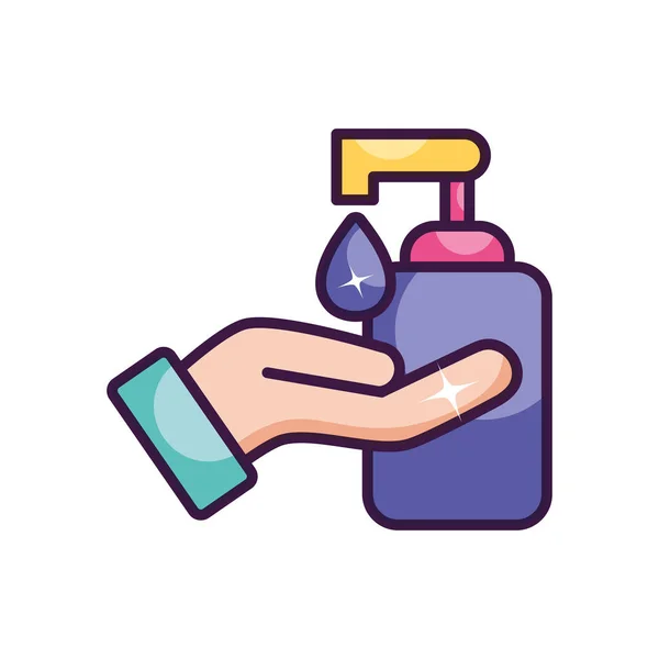 Butelka mydła i ręka z kroplą mydła, kolor linii stylu — Wektor stockowy