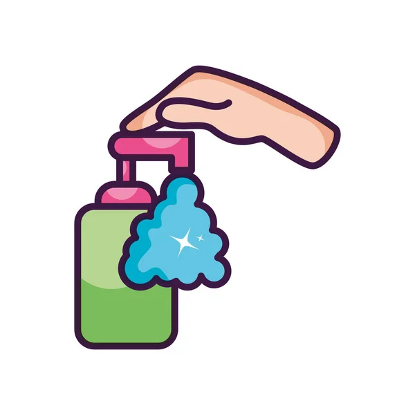 Main poussant une icône de distributeur de bouteille de savon à main, style de couleur ligne — Image vectorielle