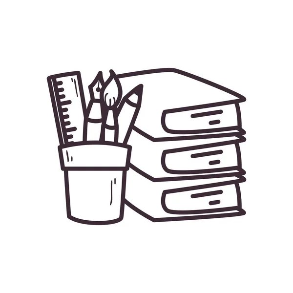 Książki szkolne ołówek długopis pędzel i linijka wewnątrz kubek linii styl ikona wektor projekt — Wektor stockowy