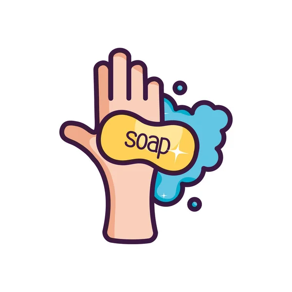 Hand washing with soap bar icon, line color style — Stock Vector