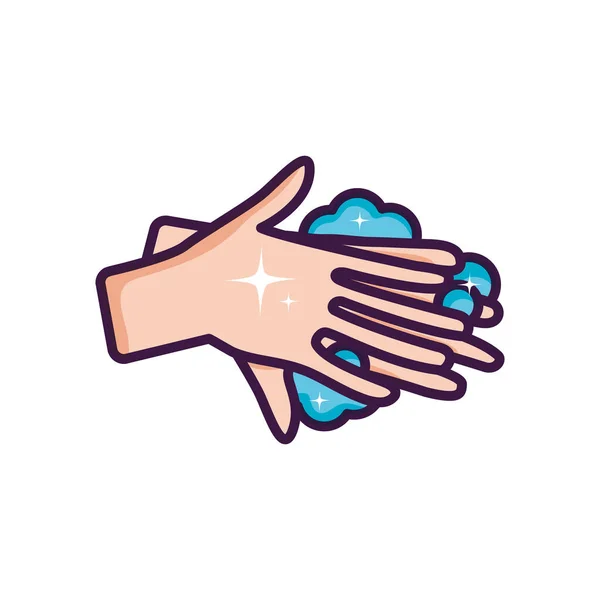 Higiene de manos con espuma de jabón, estilo de color de línea — Vector de stock