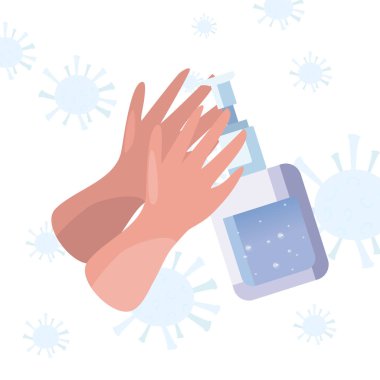 Eller sabun şişesi ve koronavirüs bakteri tasarımı