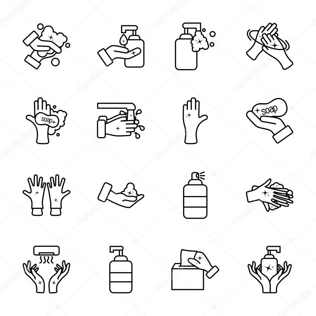 antibacterial bottles and hand hygiene icon set, line style