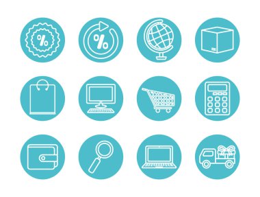 Alışveriş arabası ve ekommerce simgesi seti, blok çizgisi biçimi