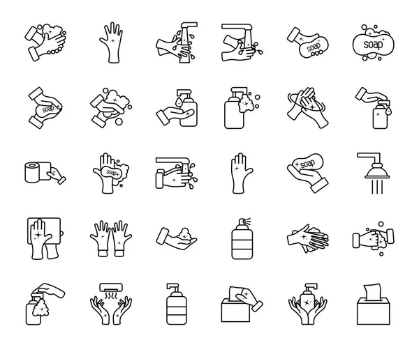 Limpieza e higiene de las manos icono conjunto, estilo de línea — Vector de stock