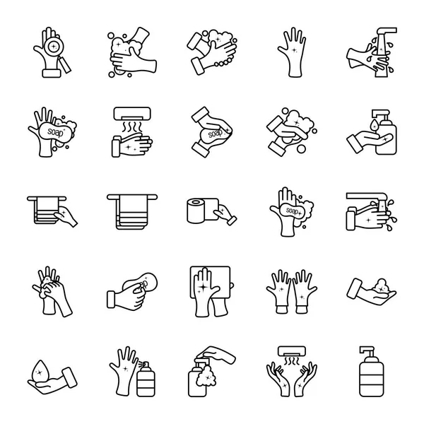 Secador de manos e higiene de manos icono conjunto, estilo de línea — Archivo Imágenes Vectoriales