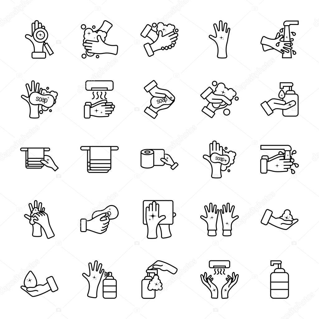 hand dryer and hand hygiene icon set, line style