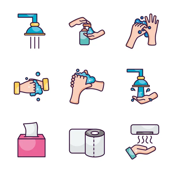 Kohoutky a sada ikon hygieny rukou, styl čáry — Stockový vektor