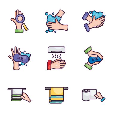 Havlular ve el hijyen ikonu seti, çizgi renk biçimi