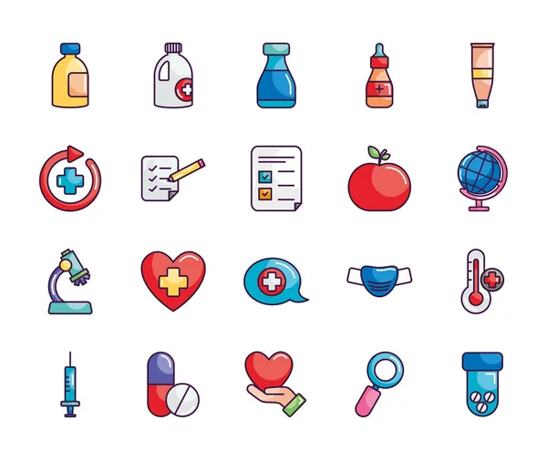 Microscópio e conjunto de ícones de medicina, estilo de cor de linha — Vetor de Stock