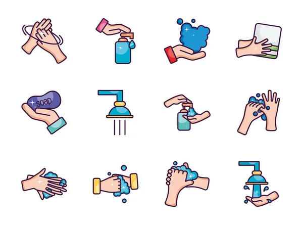 Saubere Hände und Handhygiene-Symbol-Set, Linienfarbenstil — Stockvektor