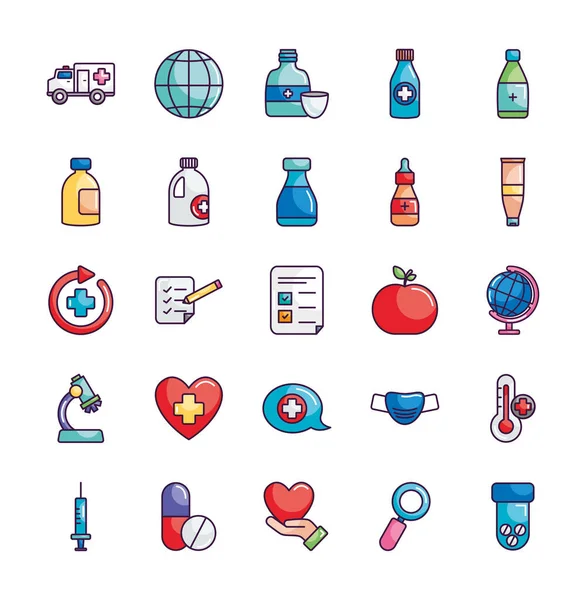 Esfera global e conjunto de ícones de medicina, estilo de cor de linha — Vetor de Stock