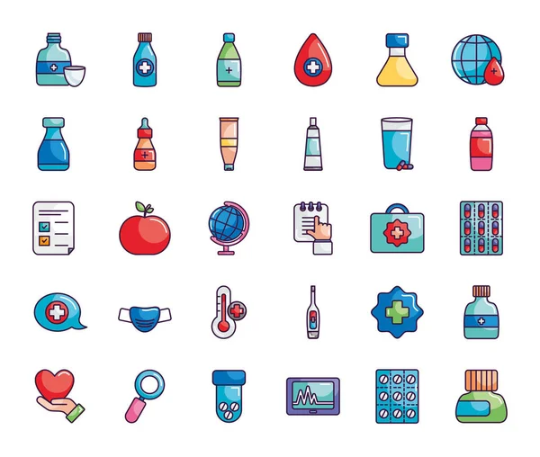 Frascos e icono de la medicina conjunto, estilo de color de línea — Vector de stock