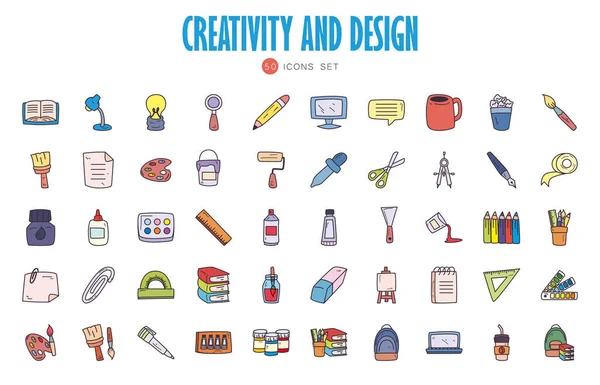 50 Δημιουργικότητα και σχεδιασμός συμπληρώστε στυλ εικονίδιο σύνολο διανυσματικό σχεδιασμό — Διανυσματικό Αρχείο