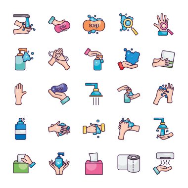 sabun ve el hijyen ikonu seti, çizgi renk biçimi