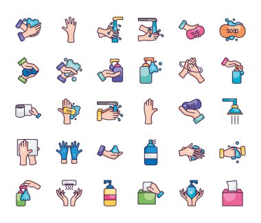 temizlik ve el hijyen ikonu seti, çizgi renk biçimi