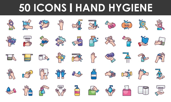 Jeu d'icônes hygiène des mains, style ligne couleur — Image vectorielle