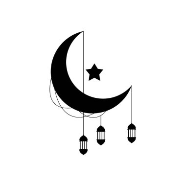 Bayram mübarek kavramı, dekoratif iplikli hilal mehtabı, çizgi tarzı.