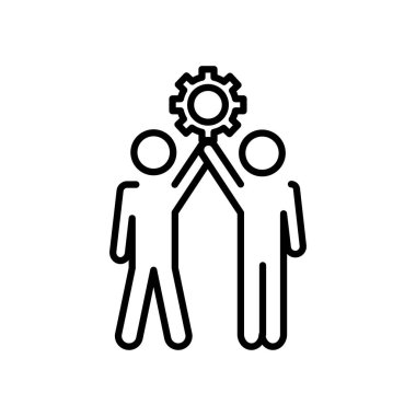 Pictorgam adamları ayakta duruyor ve vites tekerleği ikonu tutuyor, çizgi tarzı.